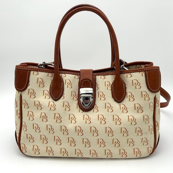 Dooney & Bourke Signature Canvas Leather Monogram Satchel DB Monogram Bag Cream - Picture 2 of 10